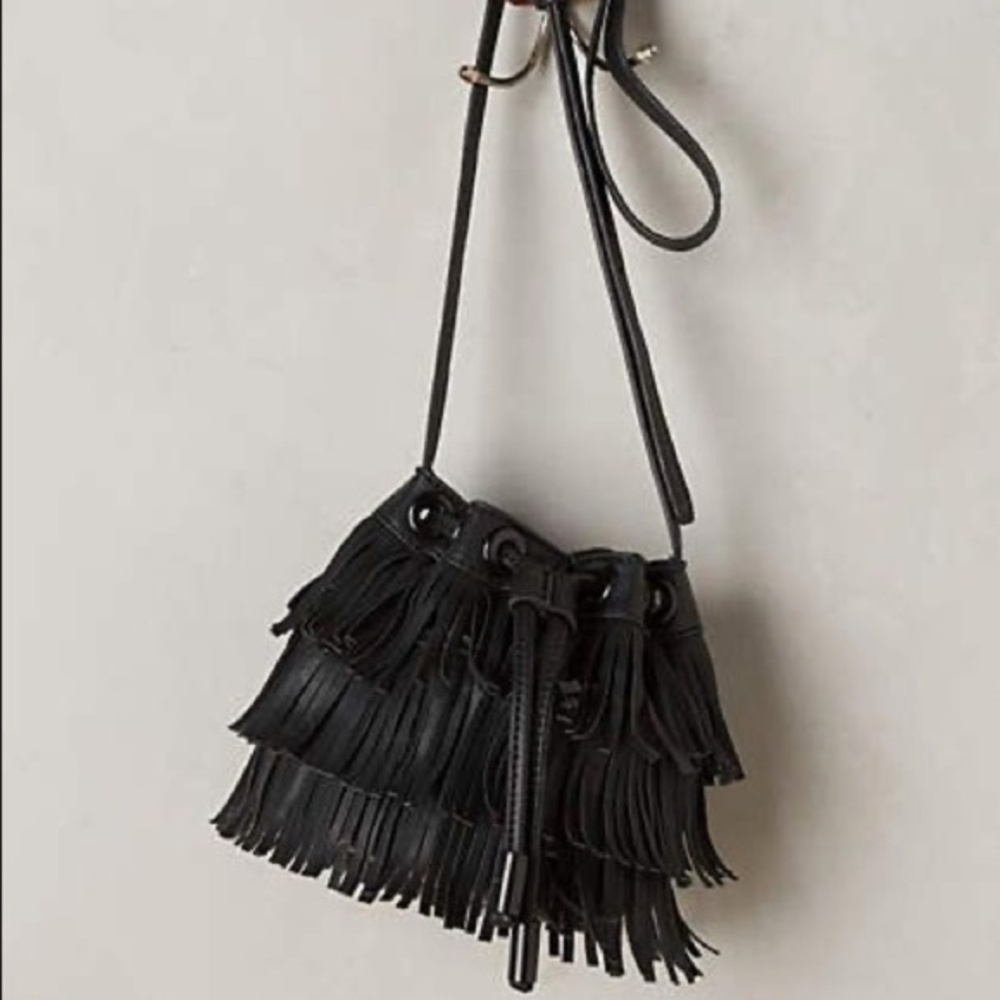 Anthropologie Cassolini Black Flutter Fringe Mini Bucket Bag